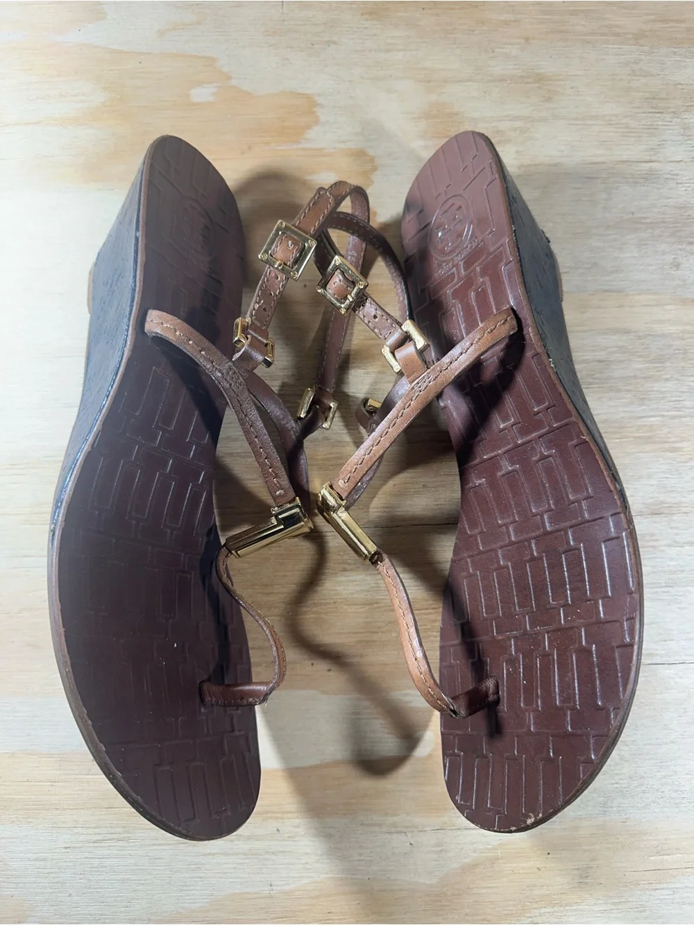 Tory Burch Brown Wedge Sandals with Gold Accents Women’s Size 9